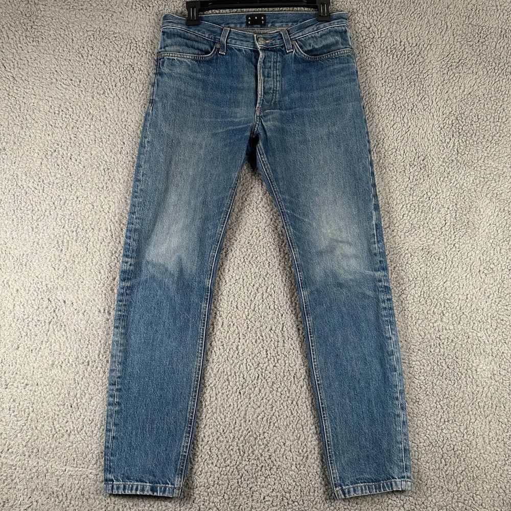 Asket Jeans Mens 30x30 Slim Tapered Washed Blue Organic Cotton Button Fly Italy